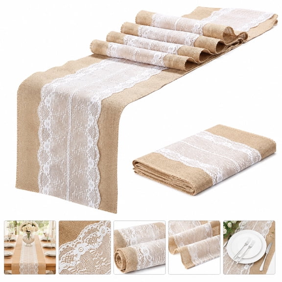 5 Pcs Burlap Lace Table Runner, Rustic Farmhouse Jute Table Runners with White Lace Center for Wedding, Party, Bridal Shower, Dinner Table and Holiday Decor