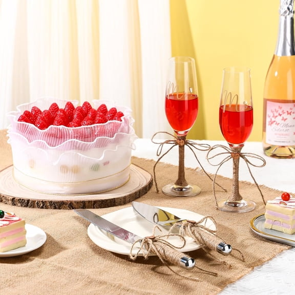 5 Pcs Cake Knife Server Set with Champagne Glasses and Wooden Topper for Rustic Wedding Decorations