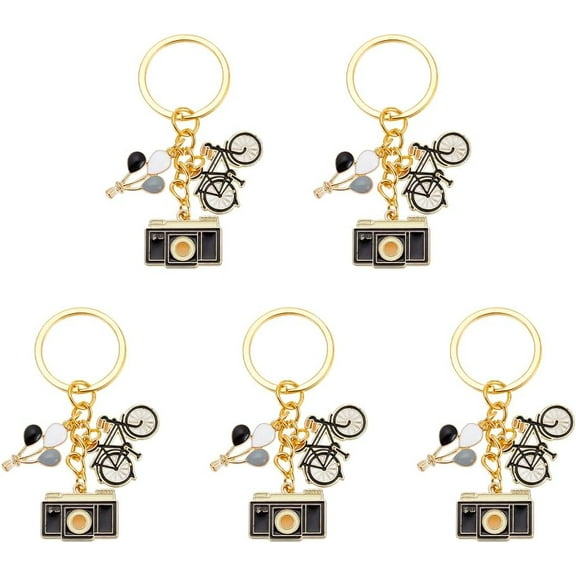 5 Pcs Camera Keychain Golden Alloy Enamel Pendant Keychain with Camera and Bicycle Charm Keychain Accessories for Purse Car Key Phone Backpack Decorations