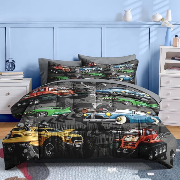 5 Pcs Car Comforter Set Twin Size, Colorful Race Car Boys Bedding Grey Bed in a Bag for Kids and Adults, Retro Green Truck Bed Sheet Sets with Fitted Sheet Pillowcases & Shams