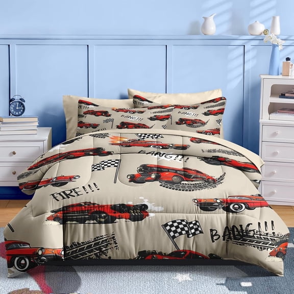 5 Pcs Car Comforter Set Twin Size, Rad Race Car Boys Bedding Brown Black Bed in a Bag for Kids and Adults, Retro Cool Truck Bed Sheet Sets with Fitted Sheet Pillowcases & Shams