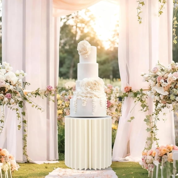 5 Pcs Cardboard Foldable Cylinder Stands with Acrylic Discs - White Round Pedestal for Wedding Party Cake Display