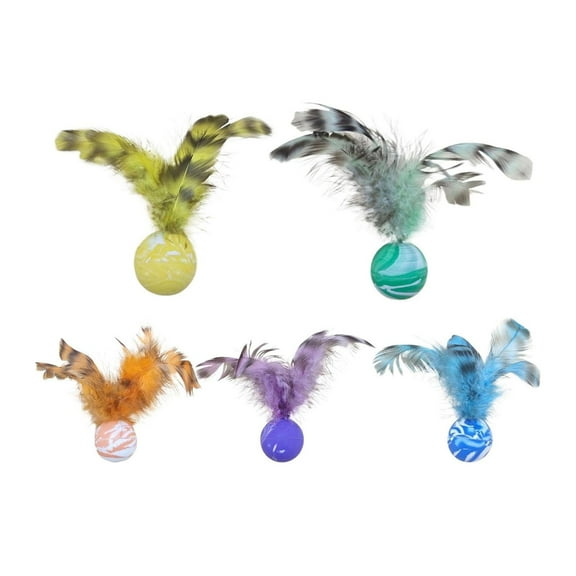 5 Pcs Cat Feather Ball Toy Interactive Mini Bouncy Balls with Feather Cat Exercise Ball Teeth Cleaning Toy for Indoor Cats