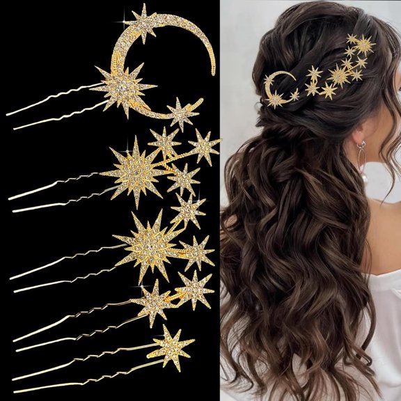 5 Pcs Celestial Crystal Bridal Hair Pins Set, Star & Moon Rhinestone Hair Accessories for Wedding, Goddess-Style Hair Pieces for Women(Gold)