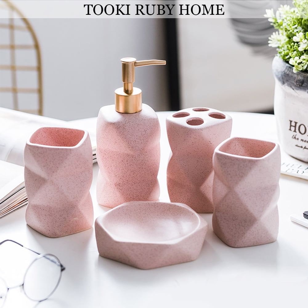 5 Pcs Ceramic Bathroom Accessory Set Bathroom Accessories Complete Set Bathroom  Decor Vanity Countertop Accessory Set, 1 Soap Dispenser, 1 Toothbrush  Holder, 2 Tumblers,1 Soap Dish,Matte Pink 