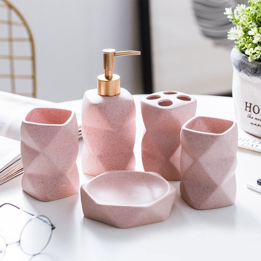 5 Pcs Ceramic Bathroom Accessory Set Bathroom Accessories Complete Set Bathroom Decor Vanity Countertop Accessory Set, 1 Soap Dispenser, 1 Toothbrush Holder, 2 Tumblers,1 Soap Dish,Matte Pink