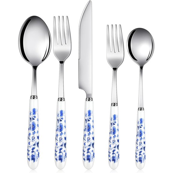 5 Pcs Chinoiserie Silverware Set Blue and White Porcelain Silverware Christmas Gift Stainless Steel Utensils Set with Ceramic Handle Includes Knives Forks Spoon High Tea Gift for Wedding