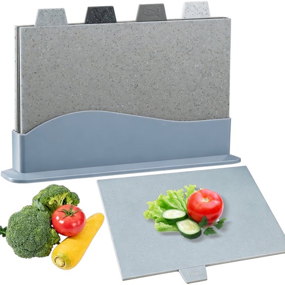 5 Pcs Color‑Coded Chopping Board Set – Plastic Cutting Boards with Stand, Food Icons & Textured Surfaces, 11.8" x 7.9", Kitchen Prep Set for Meat, Veggies, Fish & Bread