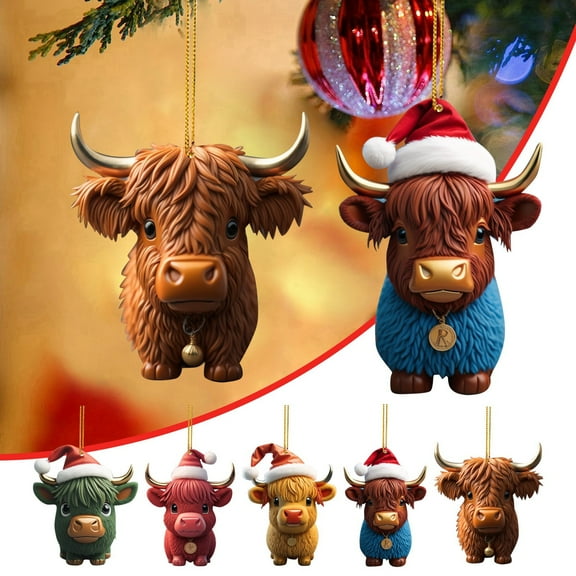 5 Pcs Christmas Cattle Decoration, Cartoon Cattle Highland Cow Decorative Hanging Pendants, Scottish Cow Hanging Ornaments, Acrylic Cattle Statues for Christmas Tree Home Cars Backpack Decoration