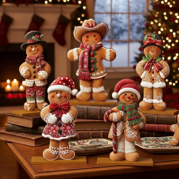 5 Pcs Christmas Table Decorations, Wooden Gingerbread Men Signs, Christmas Table Centerpiece Decor Gingerbread Tiered Tray Decor with Base for Xmas Home Kitchen Office Shelf Coffee Bar