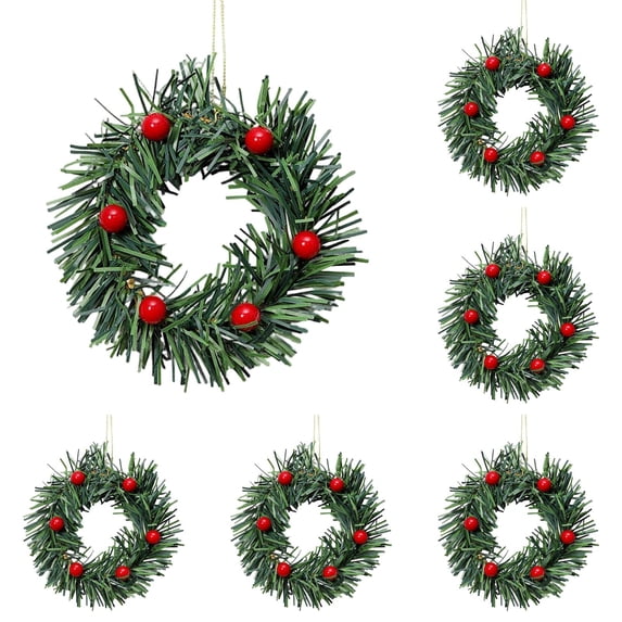 5 Pcs Christmas Wreath with 6 Red Berries, Christmas Table Centerpieces, Mini Small Christmas Wreath, Kitchen Cabinet Table Decor, Xmas Pillar Ring Holder, Christmas Hanging Decoration,Green*5