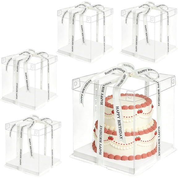 5 Pcs Clear Cake Box With Ribbon, 2-Layer Transparent Cakes Box For 8" Cake Packing, 26 X 26 X 26cm Tall Cake Carrier Boxes With Board And Lid, Clear Gift Boxes For Birthday, Wedding, Festival Party