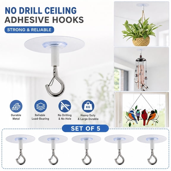 5 Pcs Clear Ceiling Hooks, Round No-Drill Adhesive Hooks for Hanging, Strong Stick Ceiling Clips for Home Organization