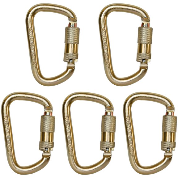5 Pcs Climbing Carabiners, 45KN Alloy Steel Auto-Locking D-Shape Rescue Carabiners, 4.4 x 2.8 in / 11.3 x 7 cm Gold Long-Lasting Locking Carabiner with Keylock Nose for Rappelling, Rigging, Rescue