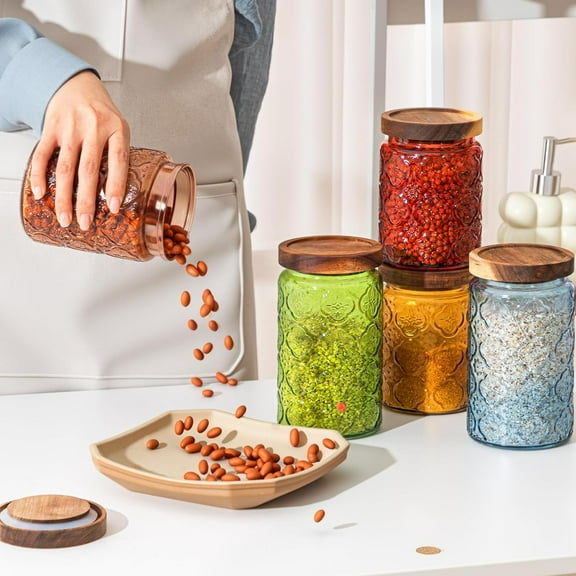 5 Pcs Colored Glass Jars with Airtight Wooden Lids for Kitchen Storage