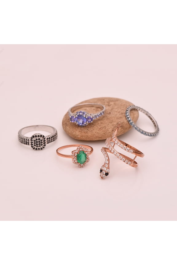 5 Pcs Combo Ring Multi Gemstone 925 Sterling Silver Solitaire Women Stackable Ring