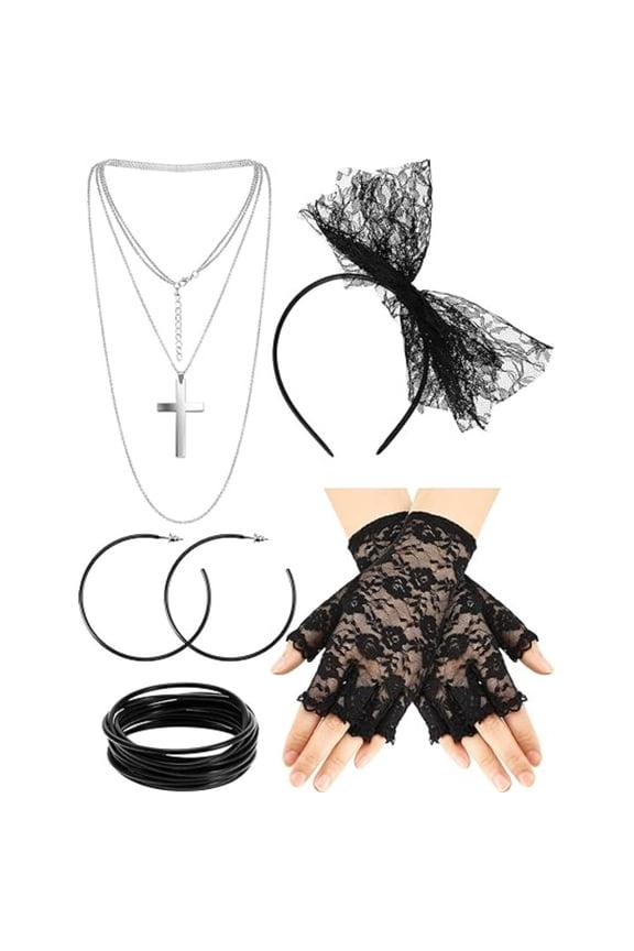 5-Pcs Complete 80s Costume Jewelry Kit,  Vintage Style Fishnet Gloves Sparkly Earrings Choker Necklace for Women, 80s Party  Disco Theme