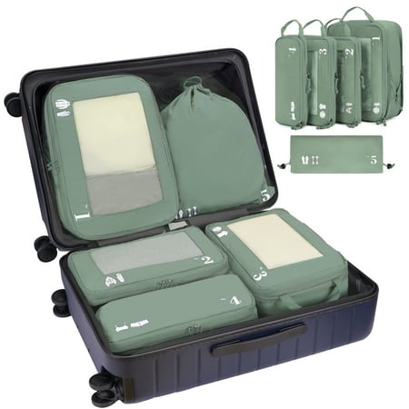 5 Pcs Compression Packing Cubes Space Saver Weekend Travel Packing Set for Luggage with Digital Tags Travel Organizer with Shoe Bag, Green