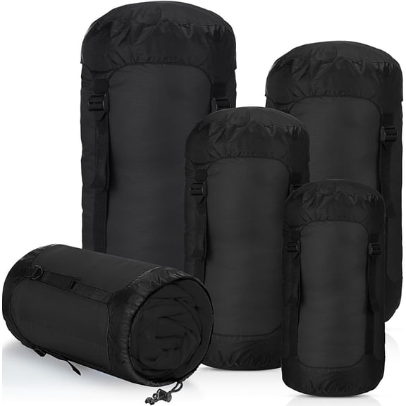 5 Pcs Black Compression Sacks Set — 5L 10L 15L 20L 35L Water-Resistant Storage Bags for Backpacking Sleeping Bags Hiking Camping Gear