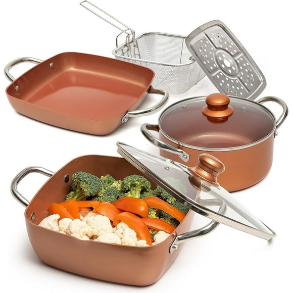 5 Pcs Copper Chef Cookware Set, 9.5” Non Stick Deep Frying Pan, Fry Basket, Steamer Rack, Dishwasher & Oven Safe, 5 Quart Deep Square Pan, Induction Copper Cookware Set - 9.5"x3.5"