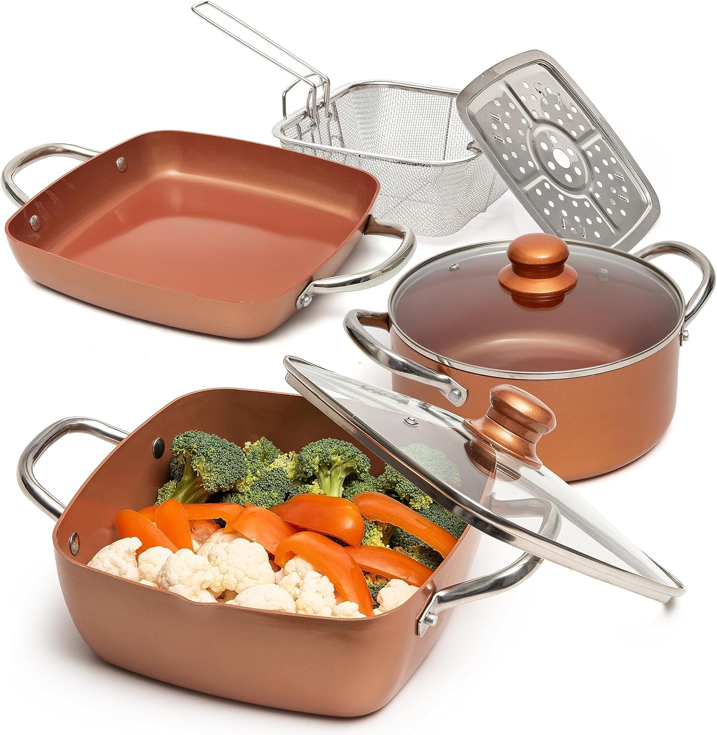5 Pcs Copper Chef Cookware Set, 9.5” Non Stick Deep Frying Pan, Fry ...