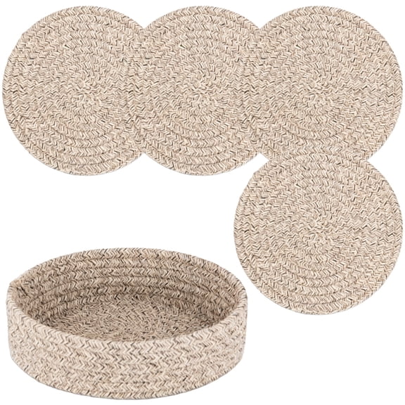 5 Pcs Cotton Rope Coasters Set with Storage Basket, Linen Color, 7 Inch Round, Heat-Resistant, Hot Pads For Kitchen Countertop, Protects Surfaces