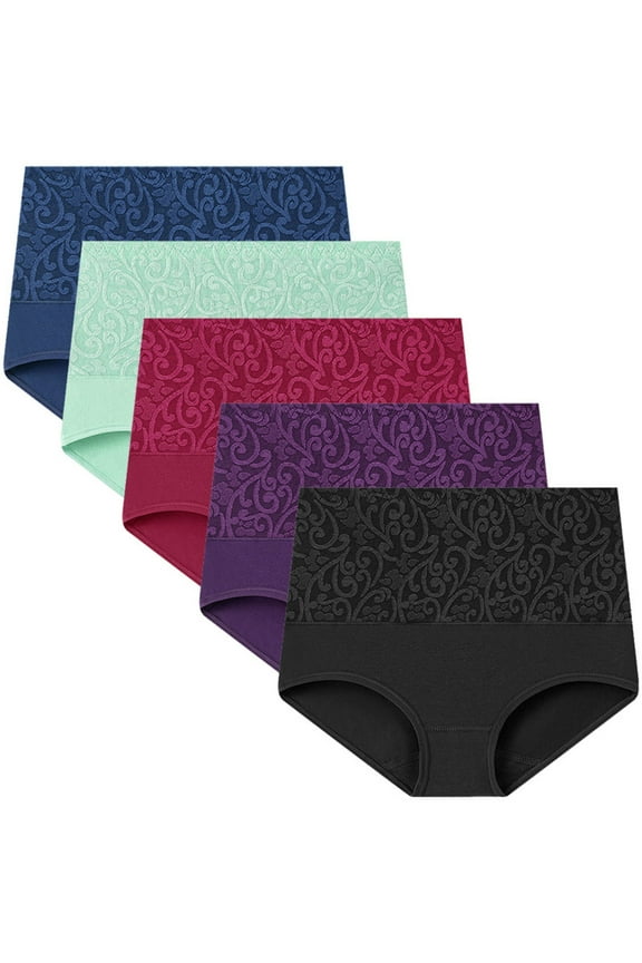 5 Pcs Cotton Underwear Womens High Waisted Full Coverage Stretchy Panties Plus Size Multi Colors Briefs (3XL, Multicolor 04)