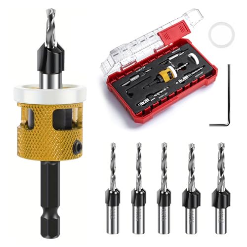 5 Pcs Countersink Drill Bit Set with Low Friction Depth Stop,Replaceable HSS M2 Bits Tapered Head 1/8" 9/64" 5/32" Drill#/8 82 Counter Bore,11/64" 3/16" Drill 1/2" 82 Counter Bore,1/4 Hex Shank
