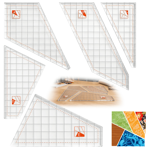 5 Pcs Crazy Pattern Quilting Template Kit, 0.12" Acrylic Sewing Ruler Set for 6 and 9 Inch Block Making, Precision Fabric Stencils with Trimmed Dog-Ears for DIY Crafts