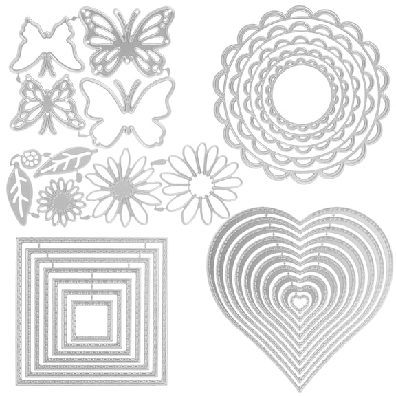 5 Pcs Cutting Dies Stencils Metal Die Cuts 5 Different Shapes Template Mold Reusable Embossing Template Round Square Heart Flower Butterfly Scrapbooking Dies Cuts for Album Scrapbooking Art