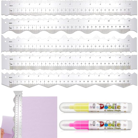 5 Pcs Deckle Edge Ruler Paper Tearing Craft for Cutting 12 Inch Cut Tool with 2 Watercolor Marker Wave Irregular Edges(Aluminium Alloy)