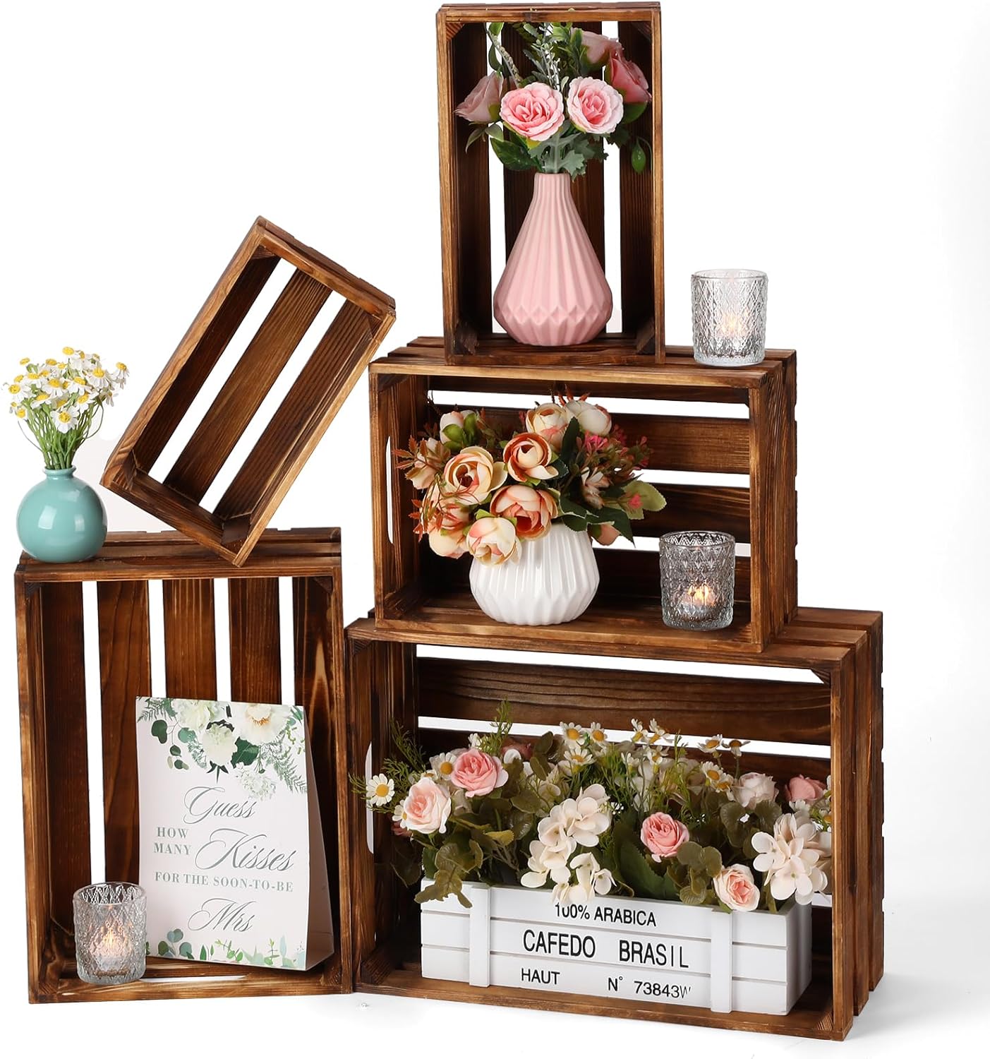 5 Pcs Decorative Nesting Wooden Crates For Storage Display 5 Size Large 