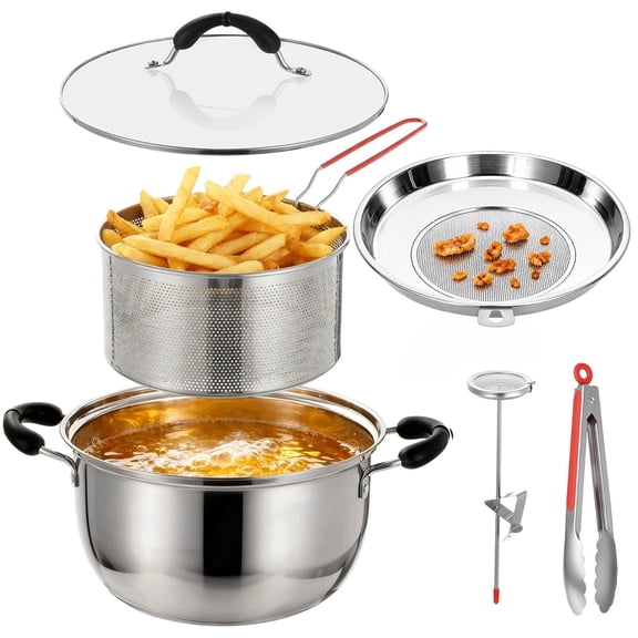 5 Pcs Deep Fryer Pot Set, Includes a 7.87 in Deep Fryer Basket, 10.24 in Strainer, 9 in Food Tong, Thermometer, Frying Cooking Steaming Pot with 3-Layer Bottom for Induction Gas Stovetops
