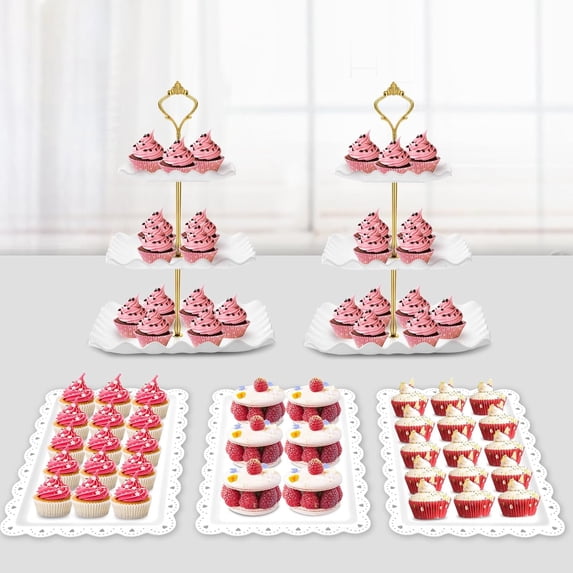 5 Pcs Dessert Table Display Set, 2 × Cupcake Stand Holder & 3 × Serving Tray Combo for Tea Party, Birthday, Wedding