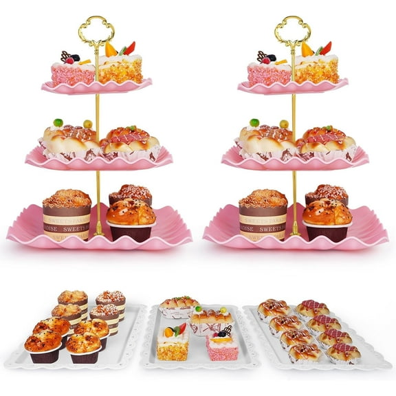 5 Pcs Dessert Table Display Set - 2 Pcs 3-Tier Dessert Display Stands & 3 Pcs Serving Tray - Dessert Trays Dessert Stands Treat Table Displays Set for Tea Parties,Birthdays & Baby Showers