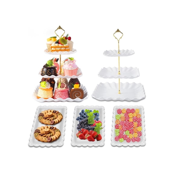 5 Pcs Dessert Table Display Set, 2 Tiered Cupcake Stands & 3 Serving Trays, White & Gold