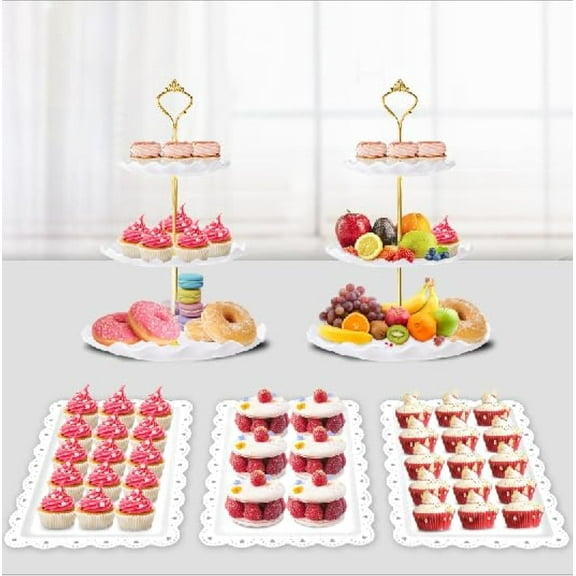 5 Pcs Dessert Table Display Set - 2 X Cupcake Stand Holder/Cup Cake Tier Tower & 3 X Serving Tray Combo for Tea Party, Birthday, Baby Shower (Wave Round)