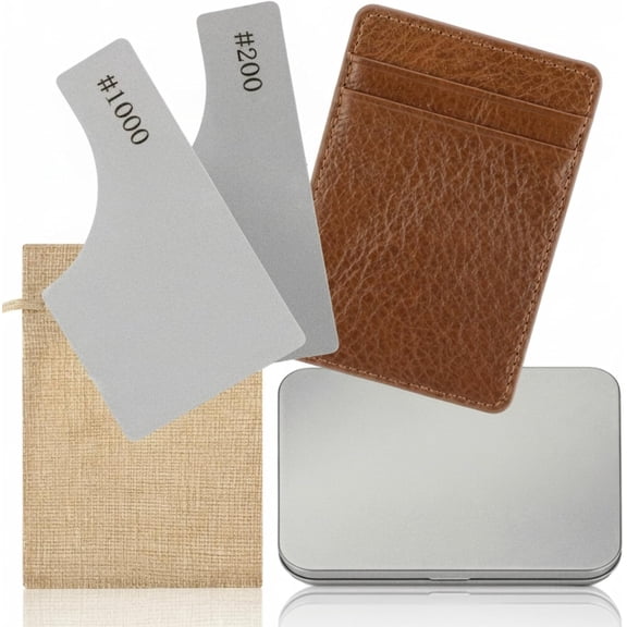 5 Pcs Diamond Sharpening Stone Tool Kit, Include 2 200/600 Grit 400/1000 Grit Dual-sided Sharpening Stone, Leather Wallet, Storage Box, Burlap Bag for Camping Bushcraft Outdoor Survival