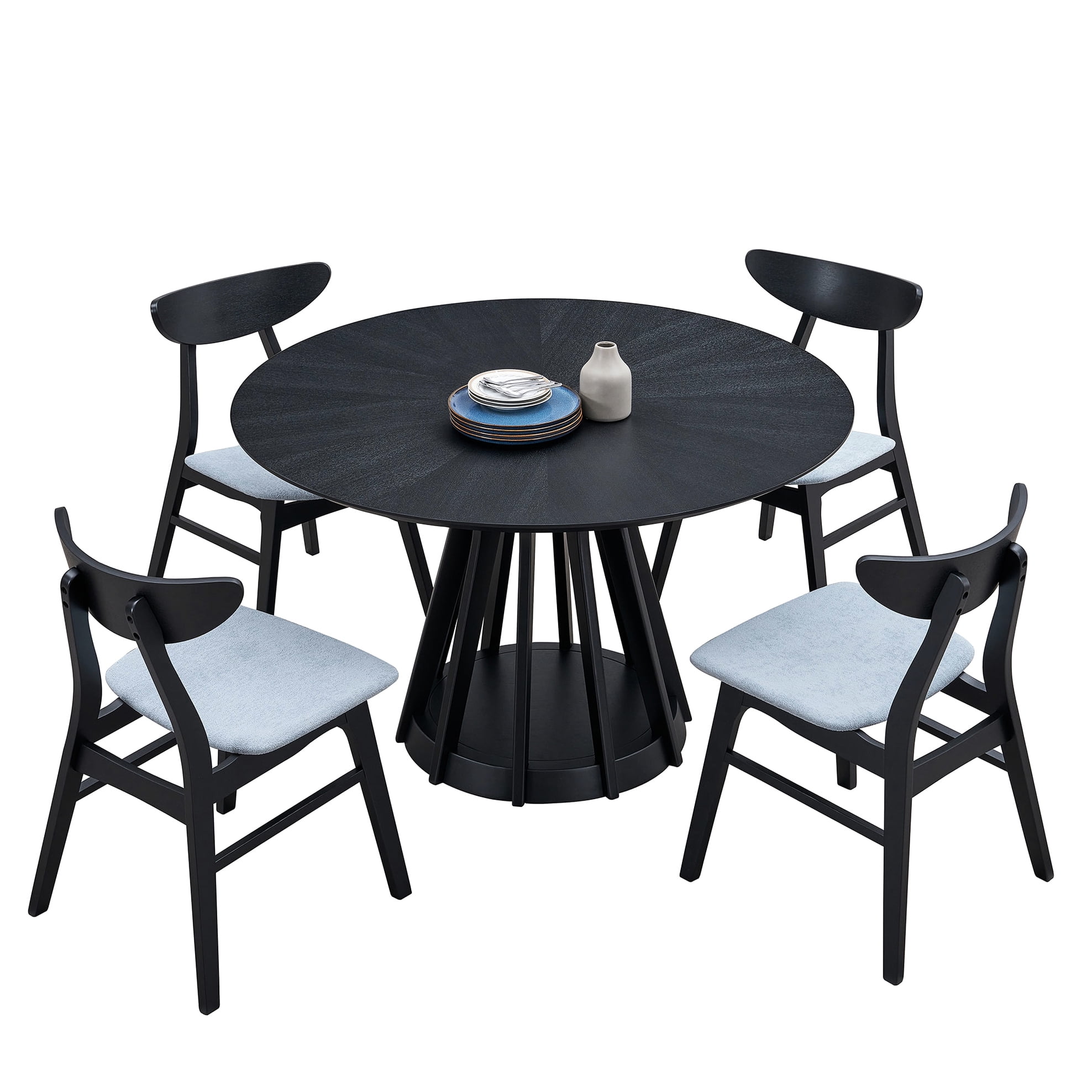 5 Pcs Dining Table And Chair - Round Black With Comfy Upholstered Seats ...