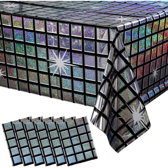 5 Pcs Disco Tablecloths, Shiny Iridescent Laser Rectangle Table Covers, Silver Holographic Plastic Table Cloth for Disco Themed Party Decor