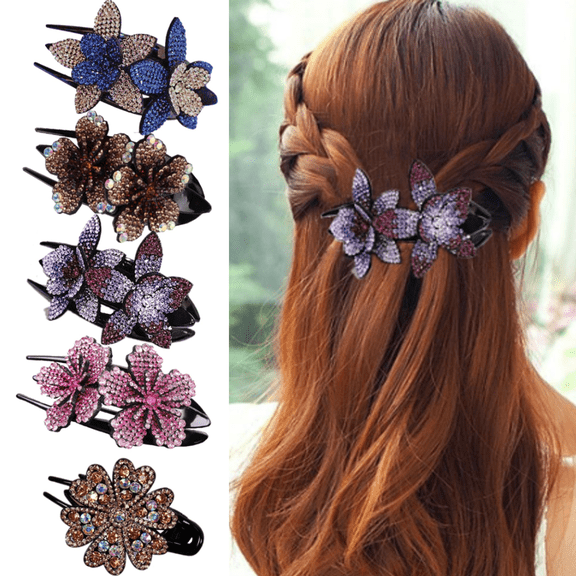 5 Pcs Double Flower Decorative Jeweled Rhinestone Hair Clip Pretty Fancy Floral Thick Crystal Hair Clips for Women Beautiful Fashion Accessories
