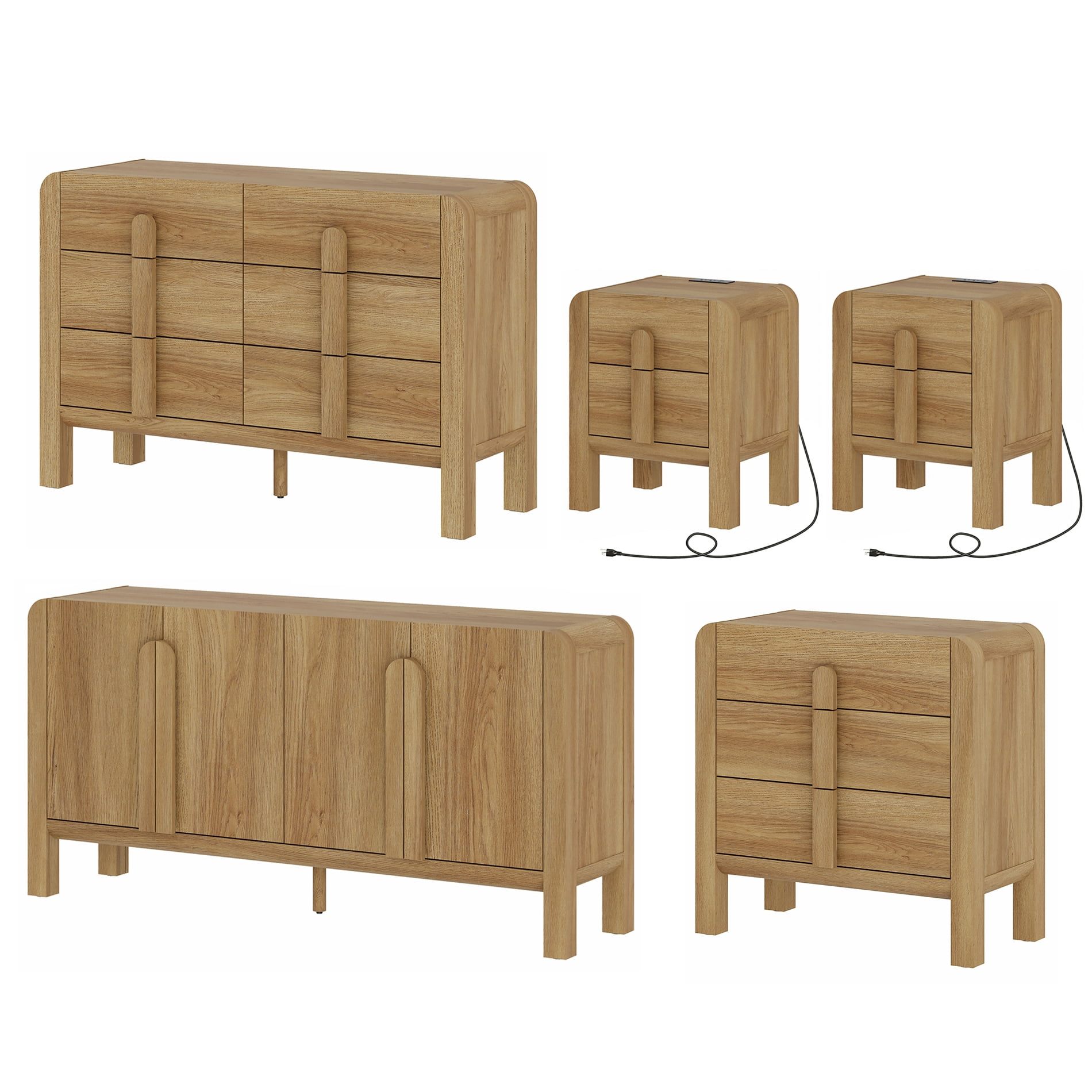 5 Pcs Dresser and Nightstand Sets for Bedroom，Night Stand Set of 2, Mid-Century Modern Bedroom Set with Curved Profile Design, Wooden Storage Cabinet Set
