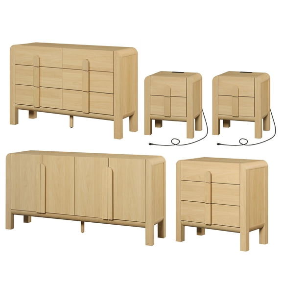 5 Pcs Dresser and Nightstand Sets for Bedroom，Night Stand Set of 2, Mid-Century Modern Bedroom Set with Curved Profile Design, Wooden Storage Cabinet Set