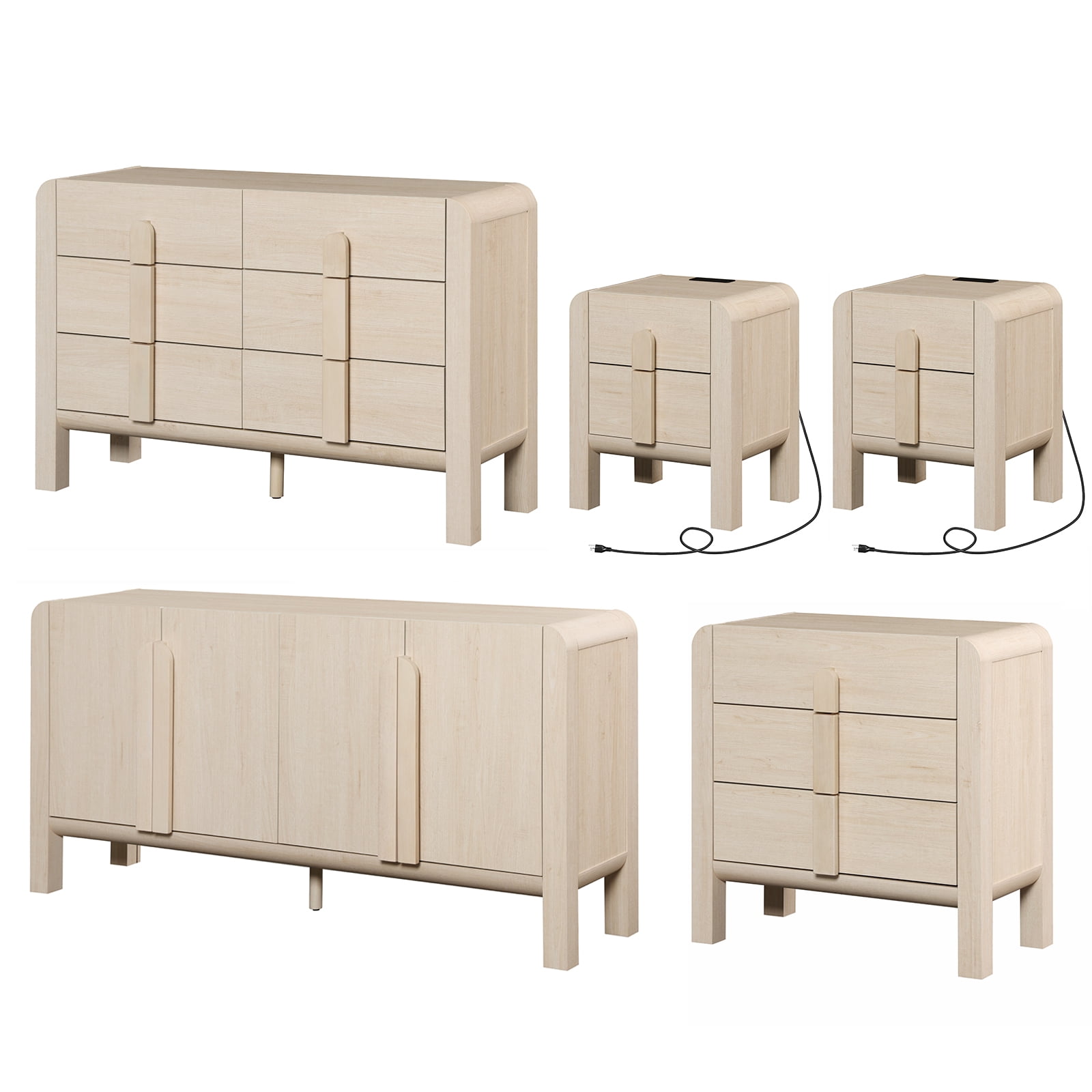 5 Pcs Dresser and Nightstand Sets for Bedroom，Night Stand Set of 2, Mid-Century Modern Bedroom Set with Curved Profile Design, Wooden Storage Cabinet Set