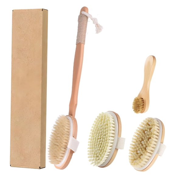5 Pcs Dry Brushing Body Brush Set, Natural Boar Bristle Brush with Long Handle Back Scrubber, Exfoliating Body Brush Kit for Cellulite and Lymphatic Drainage, Includes Face Brush