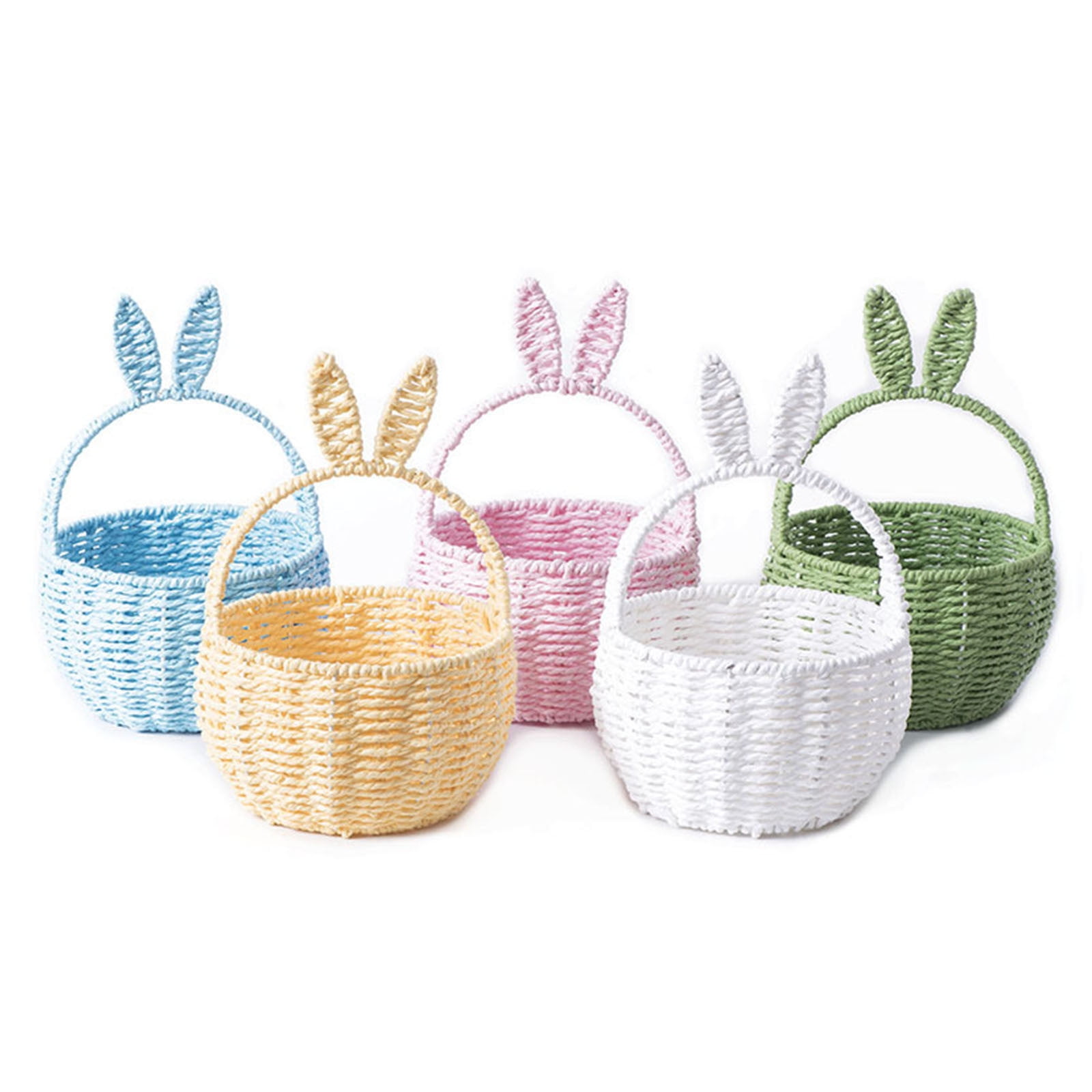 5 Pcs Easter Bunny Basket with Handle Woven Basket Wicker Empty Egg Basket for Easter Decorations Picnic Gift Packing Candy Storage Party Supplies(5 Colors,8 Inch)