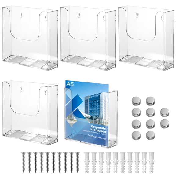 5 Pcs Easy Wall Mounted Brochure Holder, Long-Lasting Clear Acrylic Leaflet Rack, 6.6 x 6.5 x 1.7 in Literature Stand, Includes both Adhesive Pads and Screw Sets