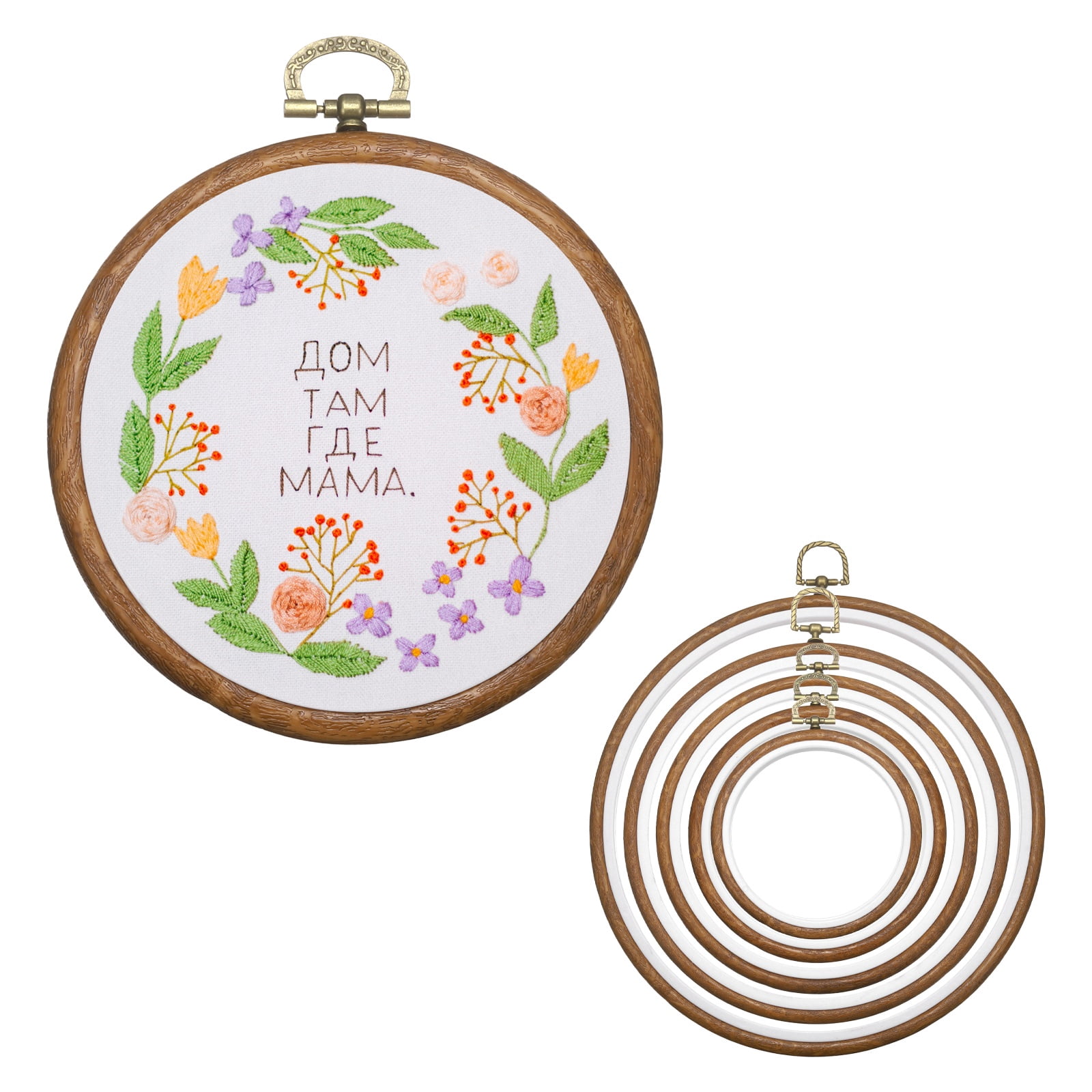 5 Pcs Embroidery Hoop Frame, Imitated Wood Round Cross Stitch Hoops with Metal Ring for Embroidery DIY Craft Sewing Wall Decor (3.94/5.12/6.69/8.27/9.84 Inch White & Brown)