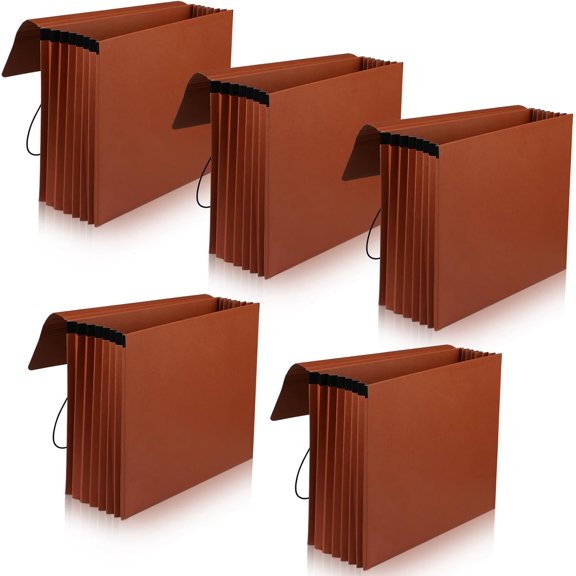 5 Pcs Expanding File Folder with Flap 5.3" Expansion, Expandable File Wallet with Elastic Cord Closure, Letter Size Heavy Duty Document Organizer, 8 Slots Holds 1200 Sheets Paper, Brown