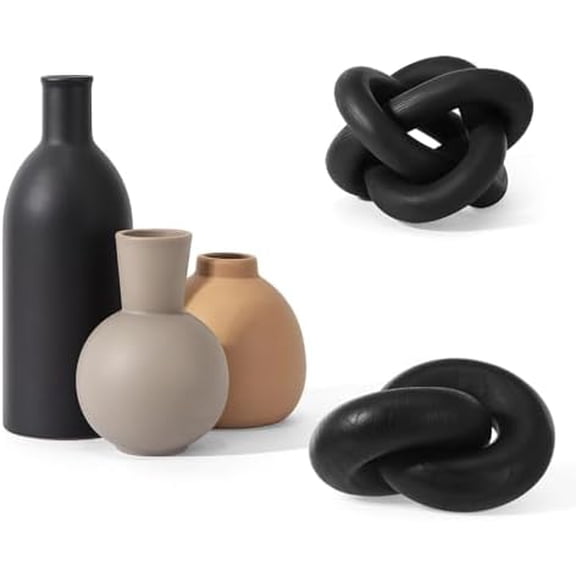 5 Pcs Farmhouse Home Decor Set with Ceramic Vase and Link Wood Knot Decor Coffee Table Decoration Boho Rustic Pottery Vases for Home Living Room Bedroom Bouquet$$Home Decor, Kitchen, & Other
